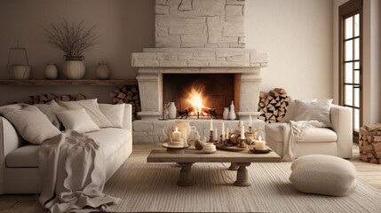 An inviting living room with a knitted throw and a crackling fireplace.