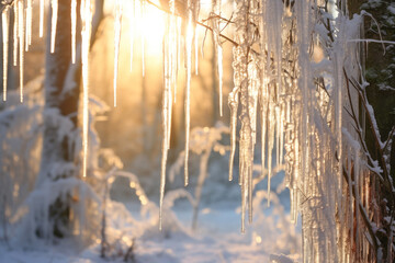 Nature's frozen beauty in winter, with white snow, frost, and icicles adorning the trees and landscape after rain