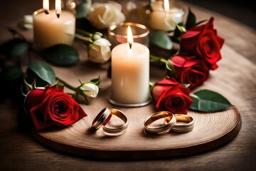Obraz na płótnie Canvas wedding rings with a background of red roses and candles on the table