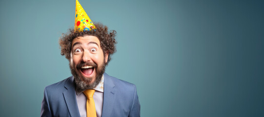 A handsome businessman celebrating his birthday with a surprise party hat, showcasing a joyful and humorous expression, with space for text or copy.