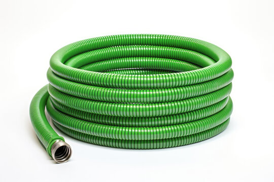 rubber garden hose provides efficient outdoor watering. Isolated on white