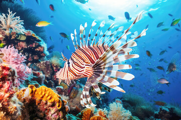 Naklejka na ściany i meble Beneath the surface of the ocean, a stunning lionfish, surrounded by the vibrant colors of the coral reef, creates a mesmerizing underwater scene for scuba divers to admire.