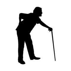 Senior man with back pain holding walking stick side view silhouette.