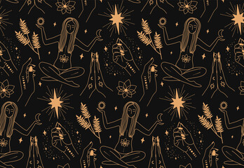 Seamless pattern with magic symbols. Girl in lotus position. Be filled with energy. Print for textiles. Pattern on the theme of witchcraft. Magic world. Cleanse the chakras. - obrazy, fototapety, plakaty