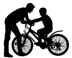 Illustration silhouette of a father and son riding a bike vector