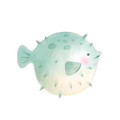 puffer fish cartoon watercolor isolated reansparent background © Atamun
