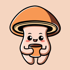 Mushroom drinking coffee illustration. Mushroom with smiling face holding a mug. Cottagecore and Fall season aesthetic cute flat design. Minimalist vector drawing for print products.