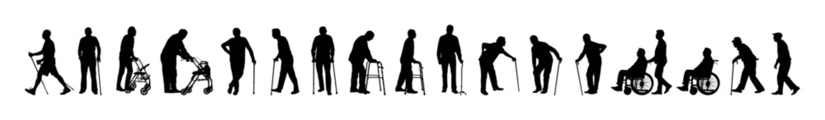 Silhouette set of senior old man with walking aids vector collection. - obrazy, fototapety, plakaty