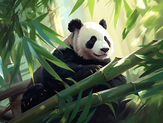 Illustration of an adult panda feasting on fresh bamboo.