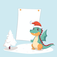 Vector flat cartoon illustration of a friendly dragon in a New Year's hat in a snowy forest near a large sheet of paper. You can place text on a blank sheet of paper.
