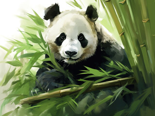 Illustration of an adult panda feasting on fresh bamboo.