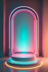 podium with realistic neon lights background made with Generative AI