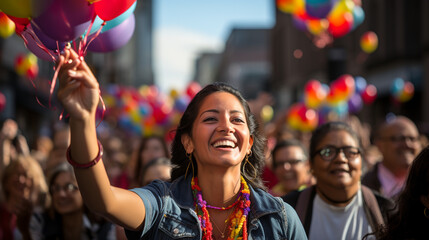 A group of people releasing colorful balloons into the sky, symbolizing hope, faith, and the unifying spirit of Dia de la Virgen de Guadalupe