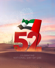 UAE national day celebration with flag. United Arab Emirates celebrates its 52nd National Day illustration