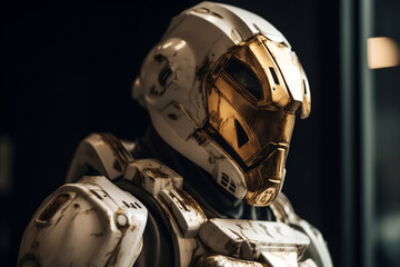 Portrait of elite soldier armed in golden white armor generative ai
