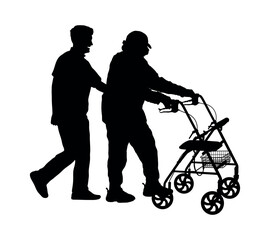 Young man helping elderly woman to use walker rollator vector silhouette.