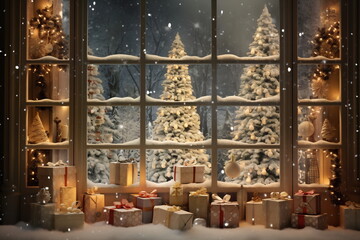 Decorated Christmas interior with golden lighting and gift presents for new year. Big window