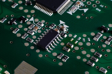Electronic components on a board close-up
