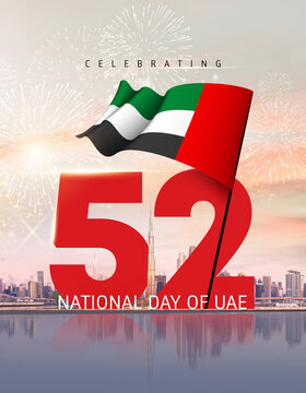 UAE national day celebration with flag. United Arab Emirates celebrates its 52nd National Day illustration