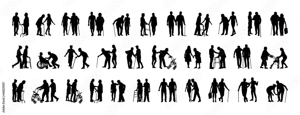 Wall mural Young person helping elderly person walking with walking aids silhouette set collection.