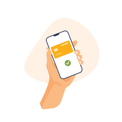 Human hand pay with mobile phone. Contactless payment. Mobile online banking app and electronic wallet. Finance vector illustration in a trendy flat style.