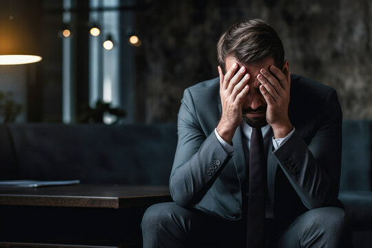 Tired stressed businessman in work office. Headache, frustration, stress, depression, burnout and anxiety.