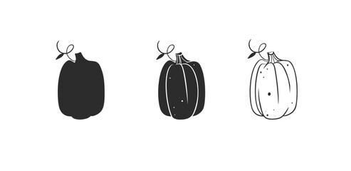 Hand drawn vector abstract graphic,black and white silhouette autumn vegetable,harvest thanksgiving and Halloween pumpkin set.Halloween outline autumn vegetable harvest design concept.Autumn symbol.