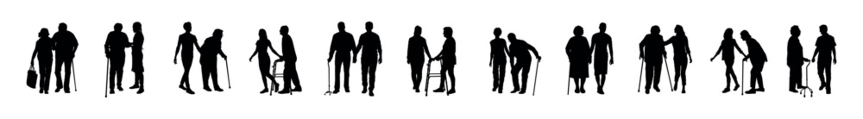 Caregiver helping senior people walking using walking aid silhouette set collection.