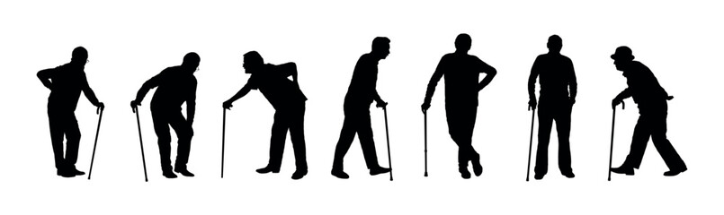 Elderly man with walking stick silhouette set. Silhouettes of senior man walking with cane vector.