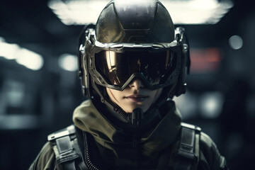 Fototapeta premium Portrait of futuristic armed soldier and blurred background generative ai