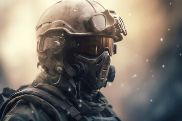 Fototapeta premium Portrait of futuristic armed soldier and blurred background generative ai