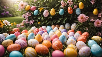 Easter eggs with different colors and designs represent the new year arrival