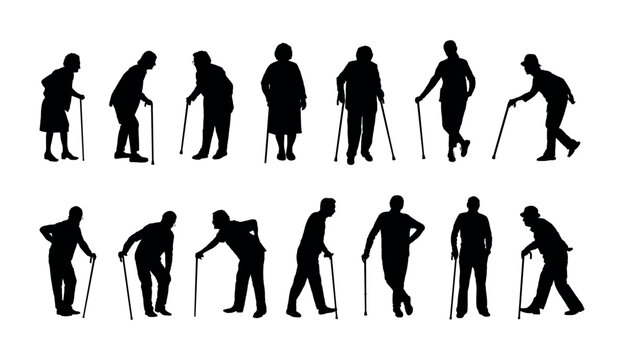 Elderly people with walking stick cane silhouette set vector.