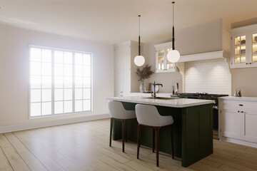 Bright kitchen in warm colors with a green island and a large window. 