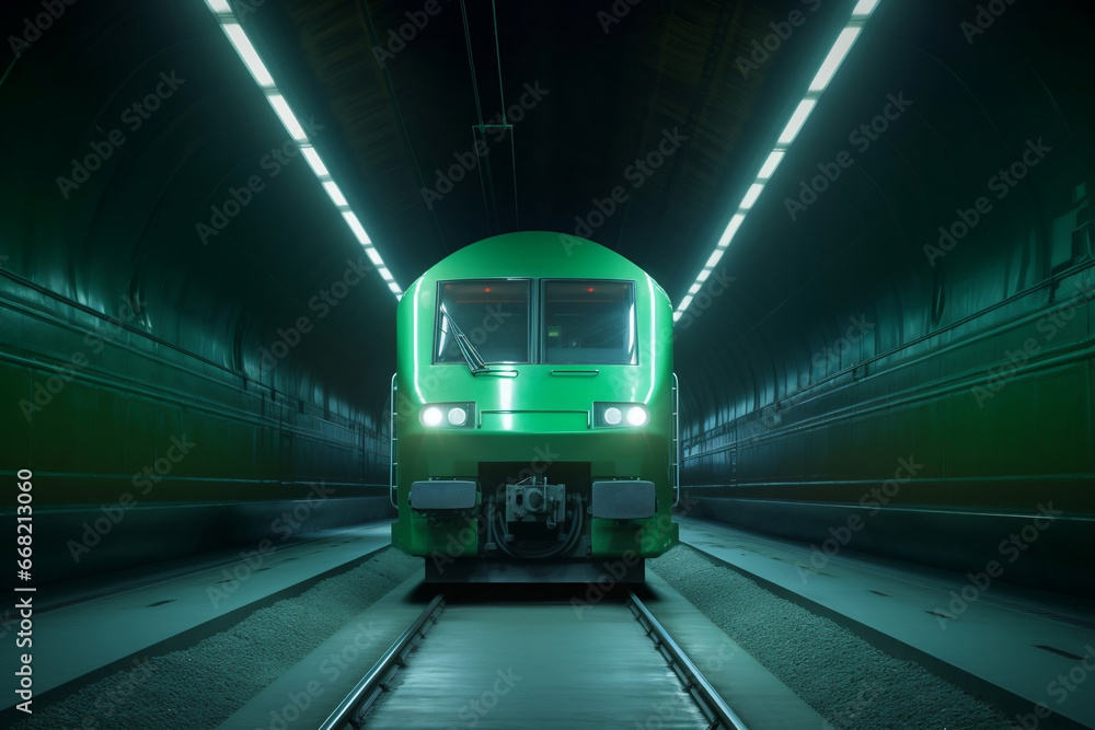 Poster power efficient green locomotive at front view in the railway tunnel generative ai
