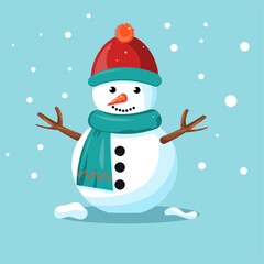 Snowman in the snow in red hat and scarf