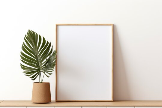 wooden frame mock up. Wooden frame poster on white wall. with botanic