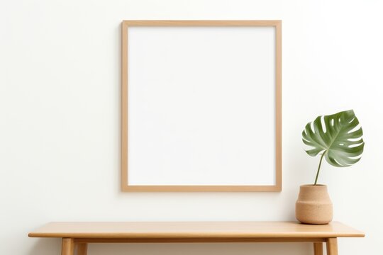 wooden frame mock up. Wooden frame poster on white wall. with botanic
