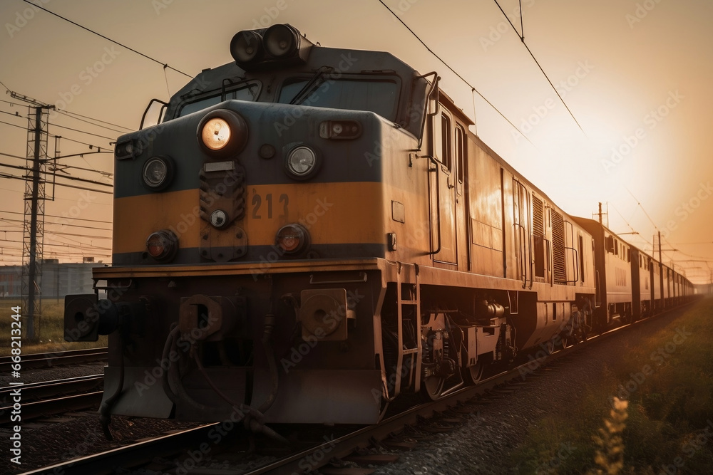 Poster power efficient locomotive at front view in the railway at sunset light generative ai