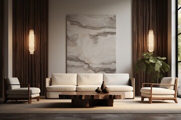 Calm Luxury Living Space: Sleek White Sofas, Marble Coffee Table, Large Abstract Art, Tall Floor Lamps, and Rich Drapery