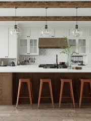 Traditional large L-shaped kitchen with large island and kitchen appliances. 