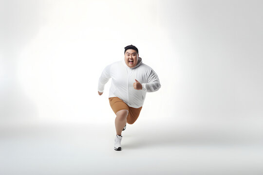 Overweight young adult Asian man running on white background, concept of overweight and weight loss. Neural network generated image. Not based on any actual person or scene.
