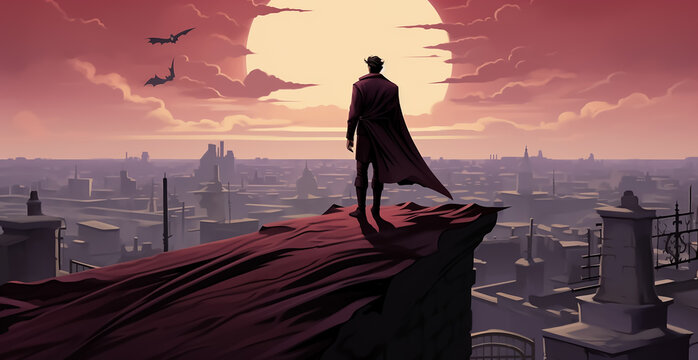 Fantasy super hero warrior stand on the top of a city view in sunset time, silhouette, last stand 