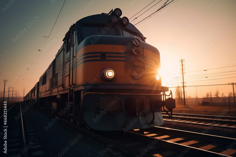 Poster power efficient locomotive at front view in the railway at sunset light generative ai