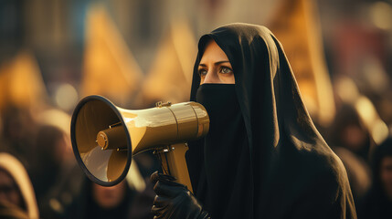 woman with megaphone at protest - obrazy, fototapety, plakaty