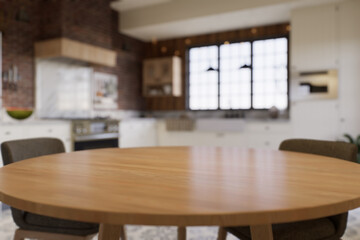Kitchen with an emphasis on the surface of the kitchen table with a blurred background - a place to place products. 
