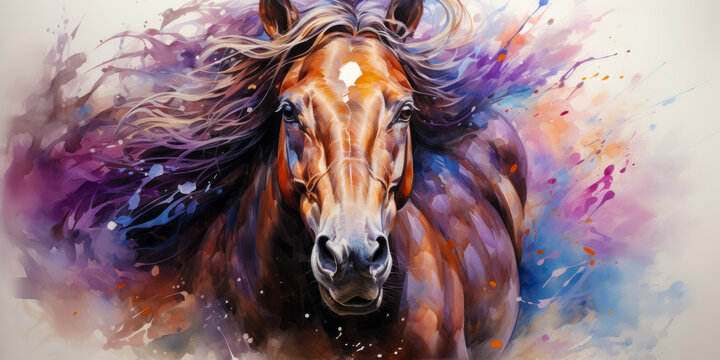 Watercolor painting of a horse with colorful splashes.