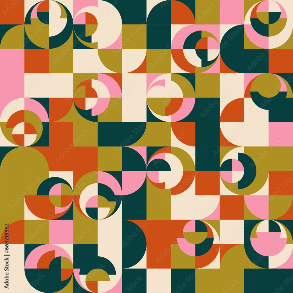 Leinwandbilder Modern vector abstract  geometric background with circles, rectangles and squares  in retro scandinavian style. Pastel colored simple shapes graphic pattern. Abstract mosaic artwork.