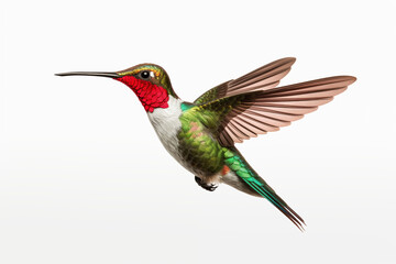 Hyper-Detailed Photorealistic Close-Up: Iridescent Green and Ruby Red Hummingbird on Pure White Background – Precision and Comprehensive Nature Photography of a Realistic and Accurate Avian Beauty