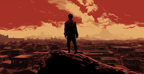 Fantasy super hero warrior stand on the top of a city view in sunset time, silhouette, last stand 